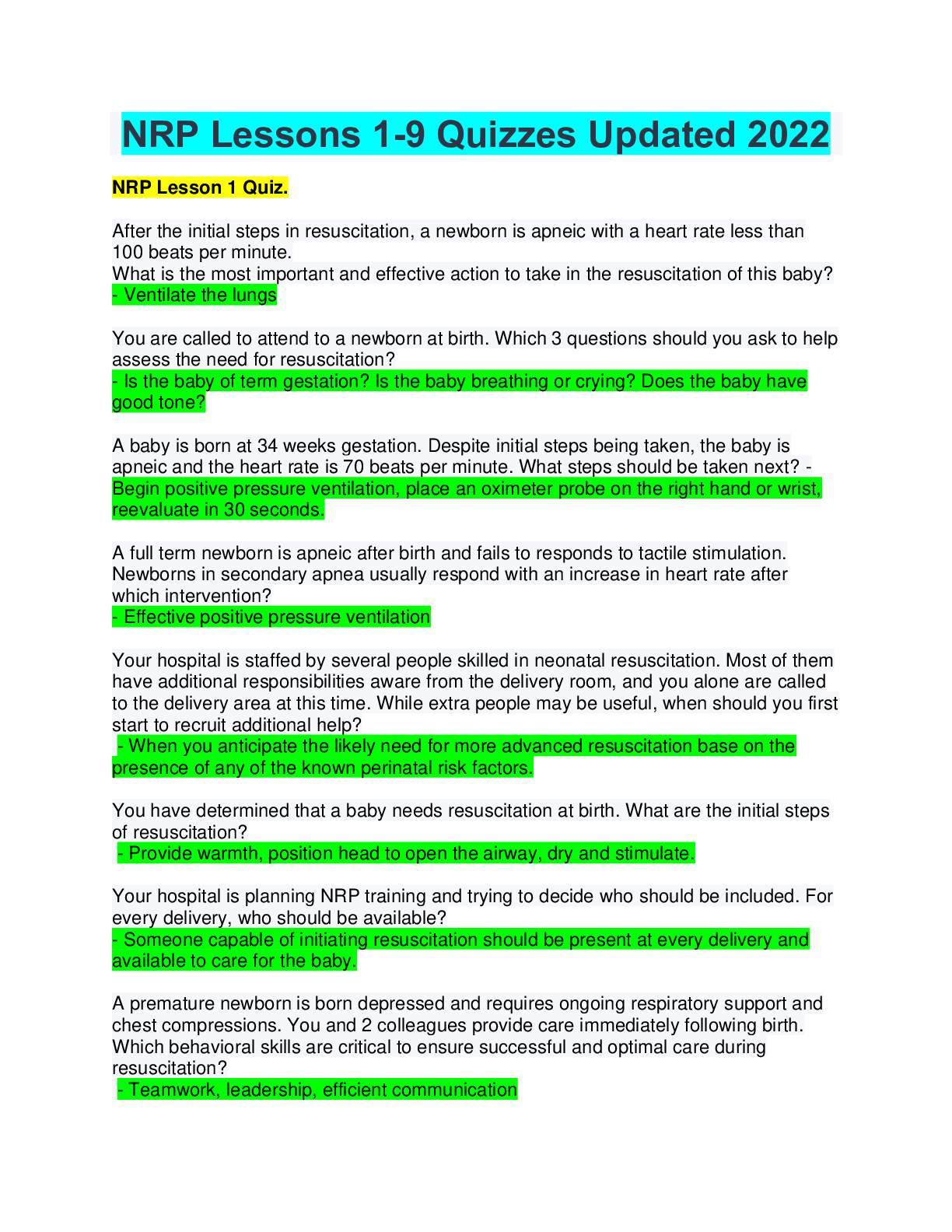 Preview image for NRP - Lessons 1-9 quizzes Answered  ; Distinction Level Assignments Has everything.